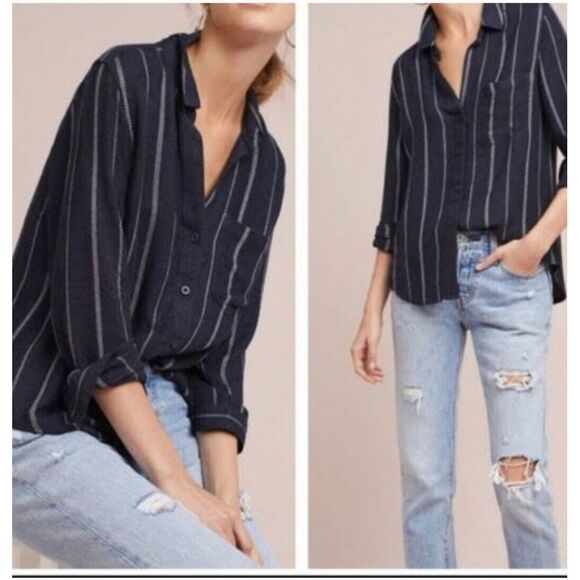 Anthropologie Cloth & Stone Womans Blue Tulane Striped‎ Buttondown Top in Medium - Picture 1 of 10